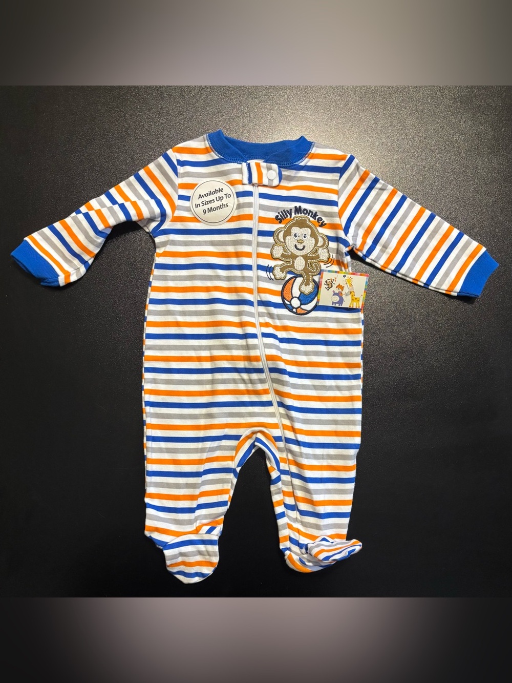Striped Blue & Orange Baby One-Piece with Monkey Applique nwt